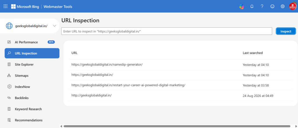 url inspection -bing webmaster